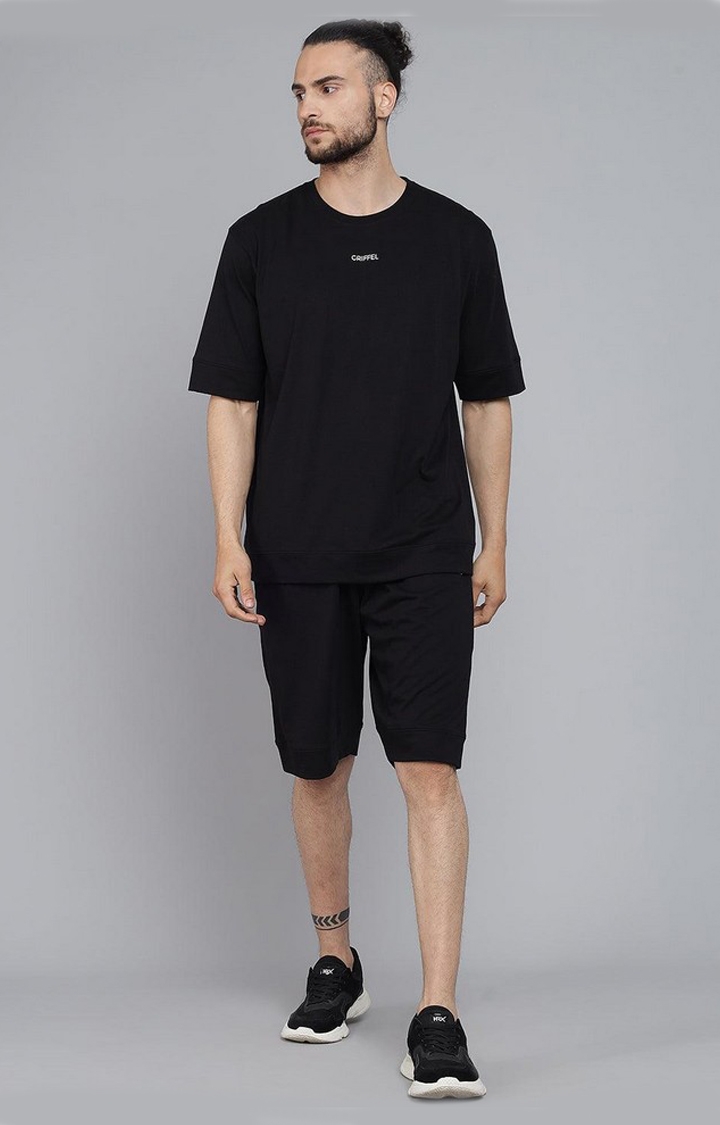 GRIFFEL | Men's Basic Solid Black Oversized Loose fit T-shirt and Short Set