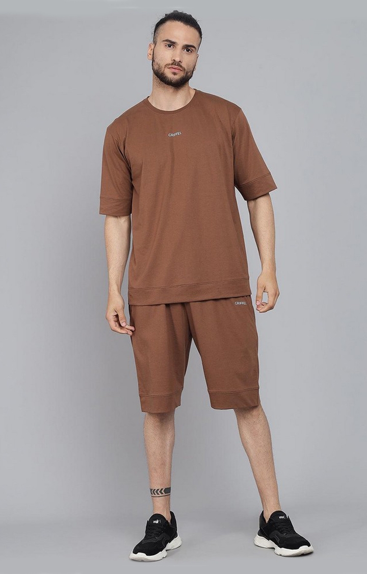 GRIFFEL | Men's Basic Solid Coffee Oversized Loose fit T-shirt and Short Set