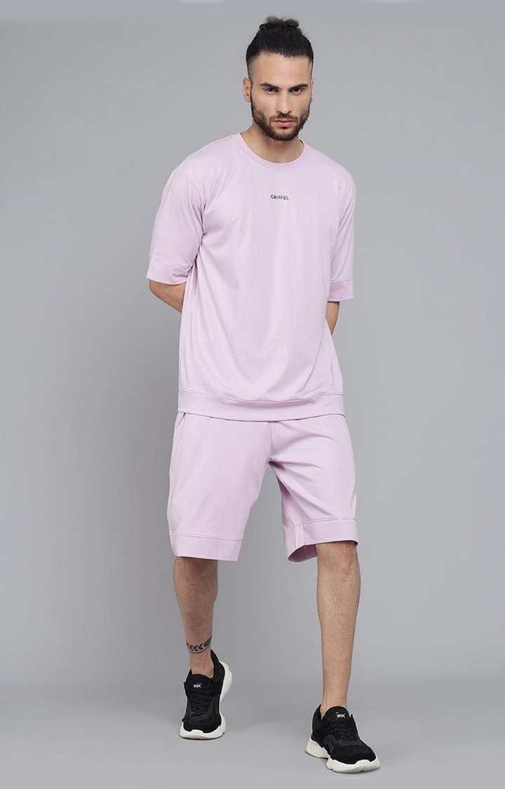 GRIFFEL | Men's Basic Solid Light Purple Oversized Loose fit T-shirt and Short Set