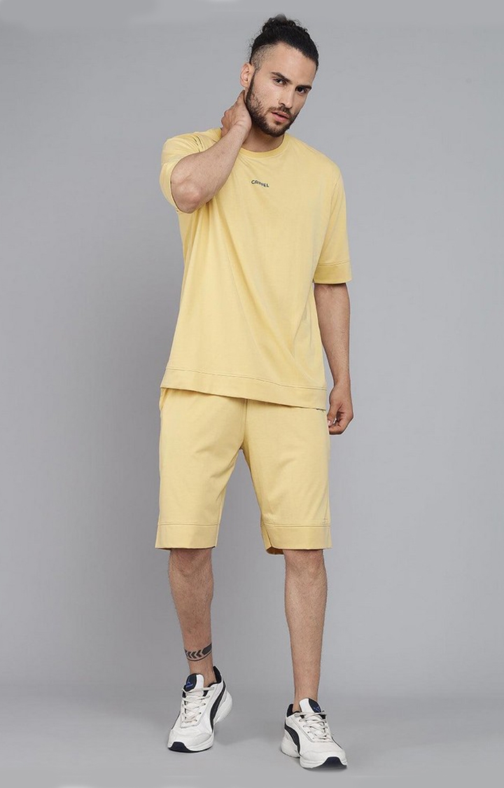 GRIFFEL | Men's Basic Solid Yellow Oversized Loose fit T-shirt and Short Set