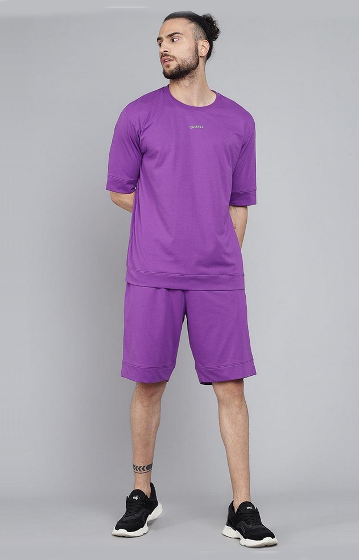 GRIFFEL | Men's Basic Solid Purple Oversized Loose fit T-shirt and Short Set