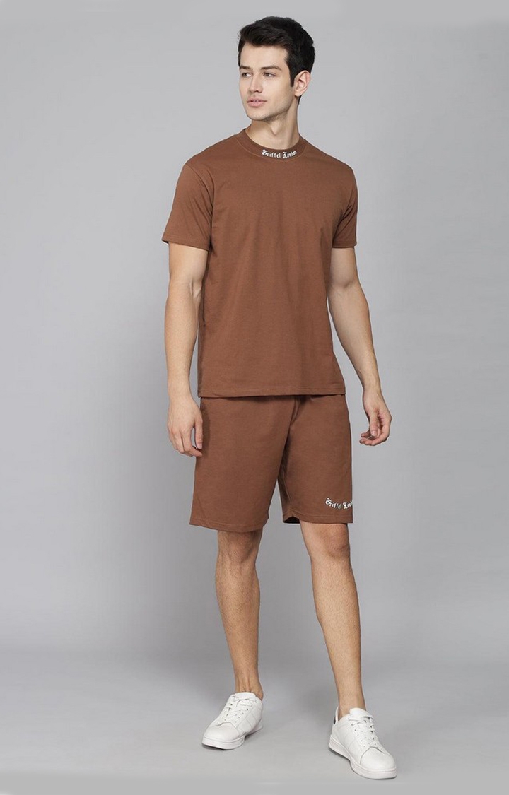 GRIFFEL | Men's Placement Print Coffee Regular fit T-shirt and Short Set
