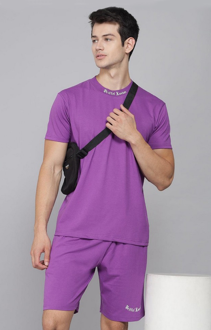 Men's Placement Print Purple Regular fit T-shirt and Short Set