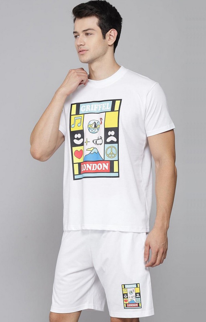 Men's White Printed Co-ords
