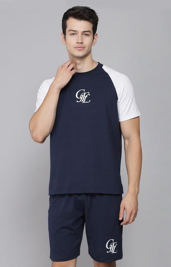 Men's Navy Blue Colourblock Co-ords