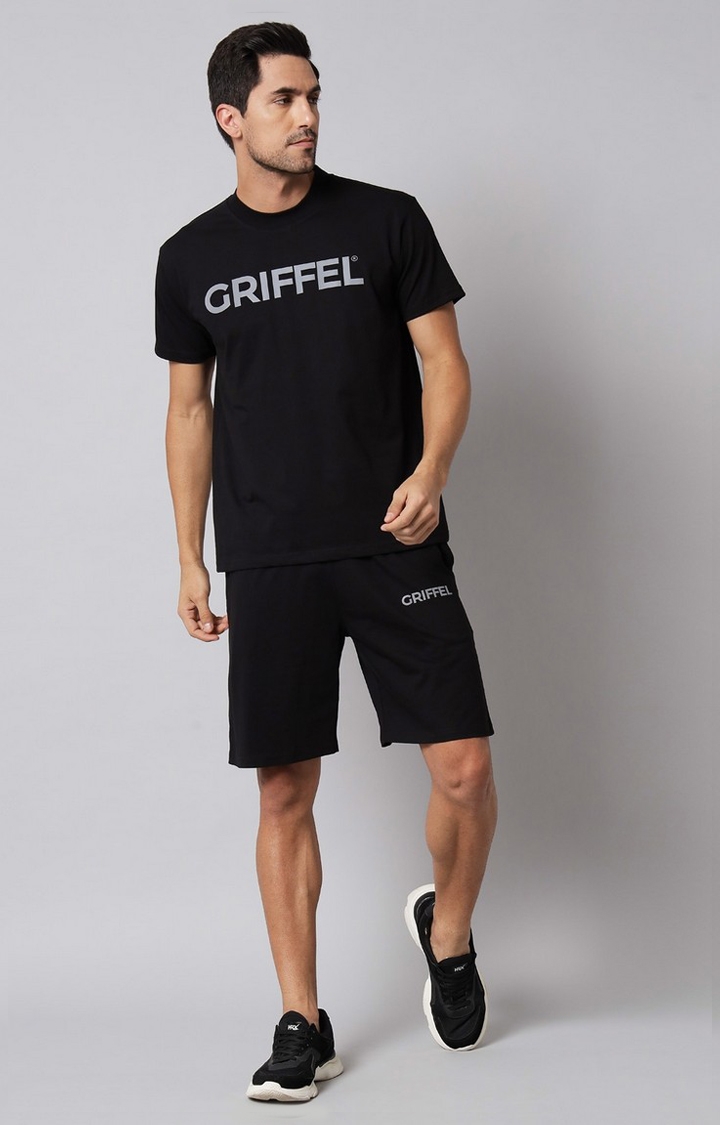 GRIFFEL | Men's Black Cotton Loose Printed   Co-ords