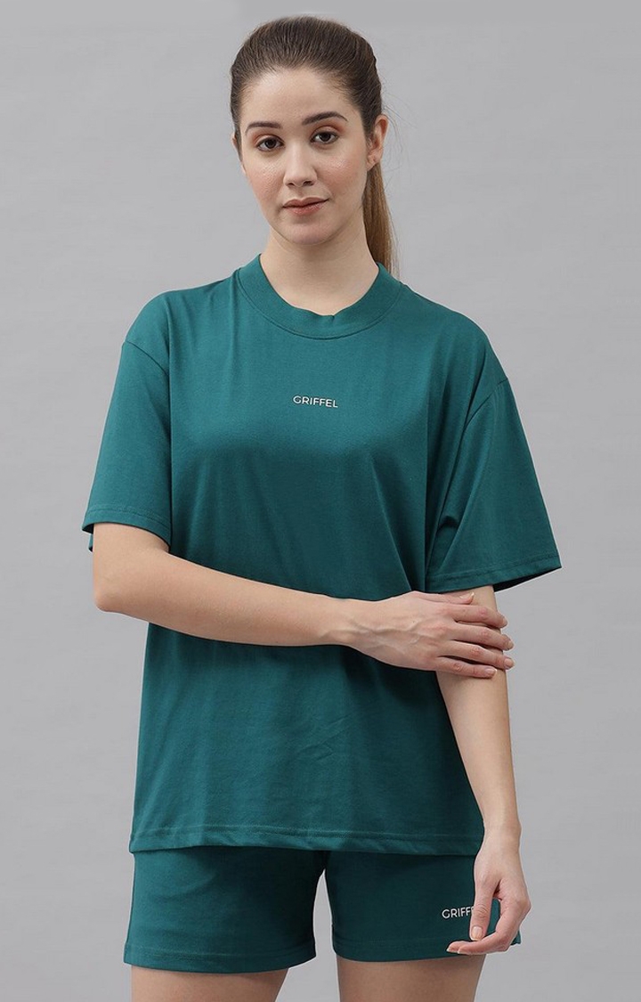 GRIFFEL | Women's Basic Solid Oversized Loose fit Bottle Green T-shirt and Short Set