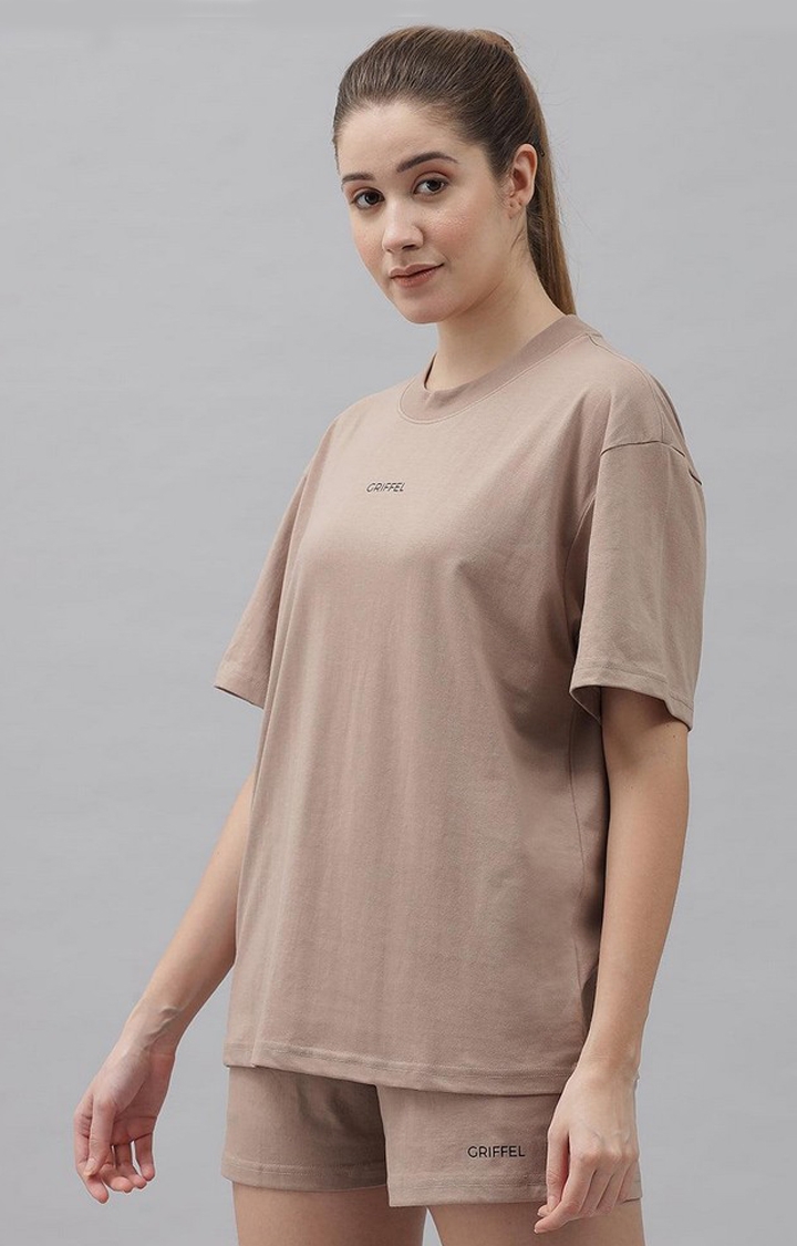 GRIFFEL | Women's Basic Solid Oversized Loose fit Brown T-shirt and Short Set