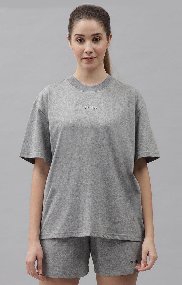 GRIFFEL | Women's Basic Solid Oversized Loose fit Grey T-shirt and Short Set