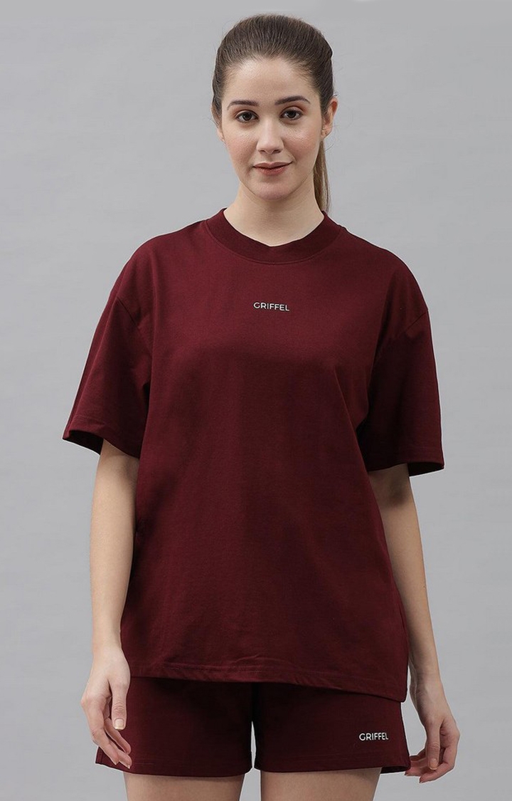 GRIFFEL | Women's Basic Solid Oversized Loose fit Maroon T-shirt and Short Set