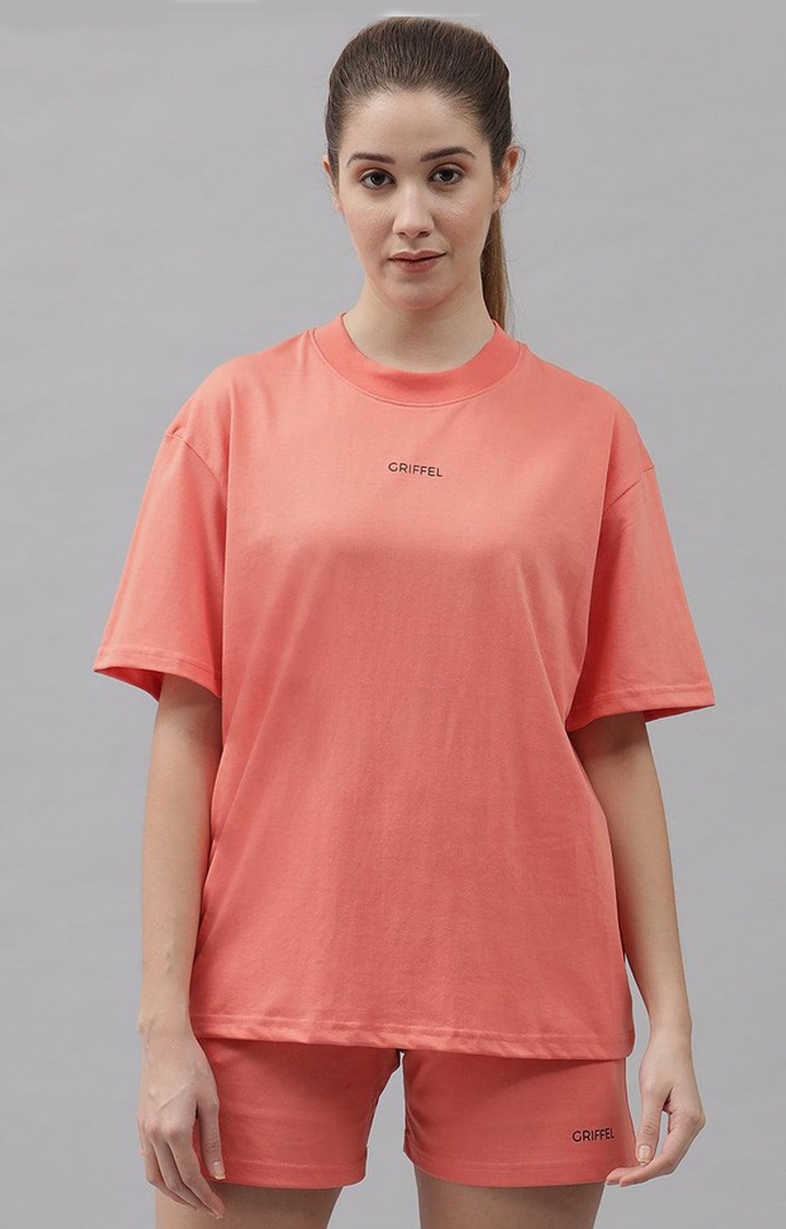 GRIFFEL | Women's Basic Solid Oversized Loose fit Peach T-shirt and Short Set
