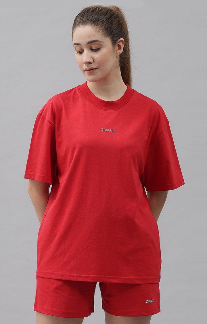 GRIFFEL | Women's Basic Solid Oversized Loose fit Red T-shirt and Short Set