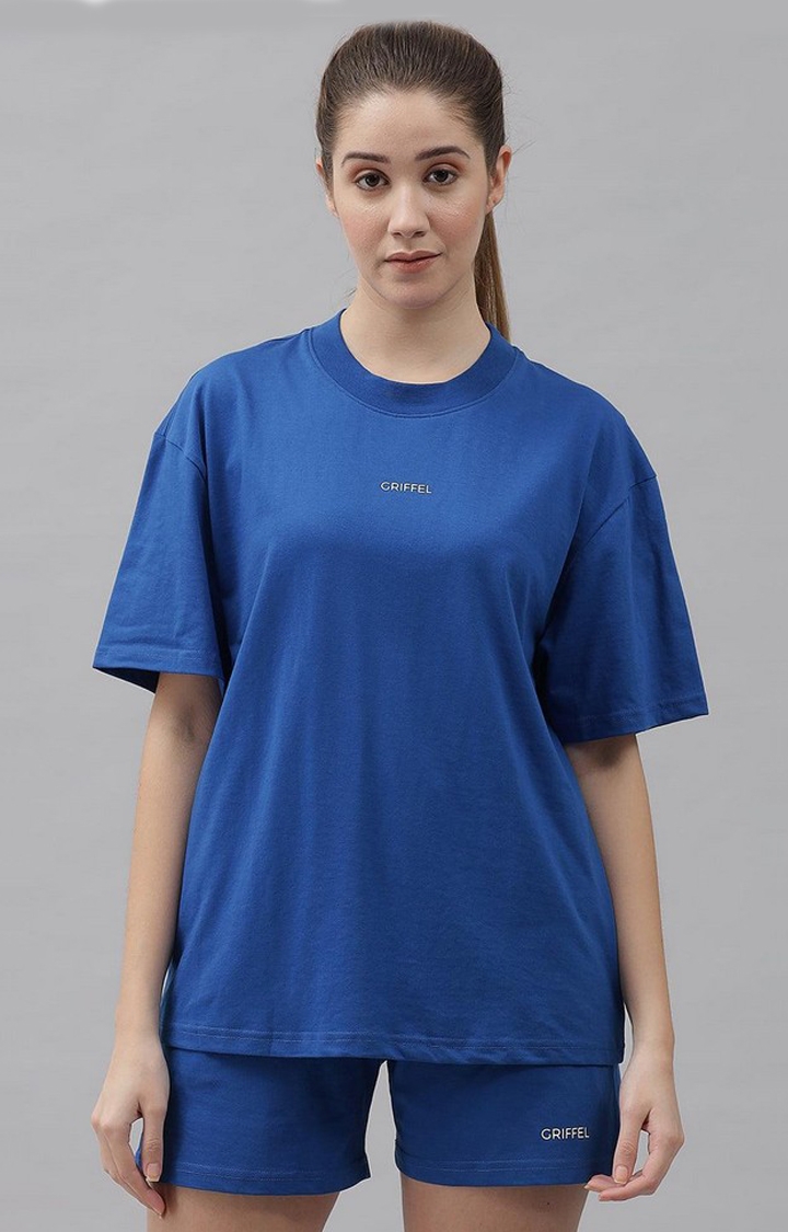 GRIFFEL | Women's Basic Solid Oversized Loose fit Royal T-shirt and Short Set