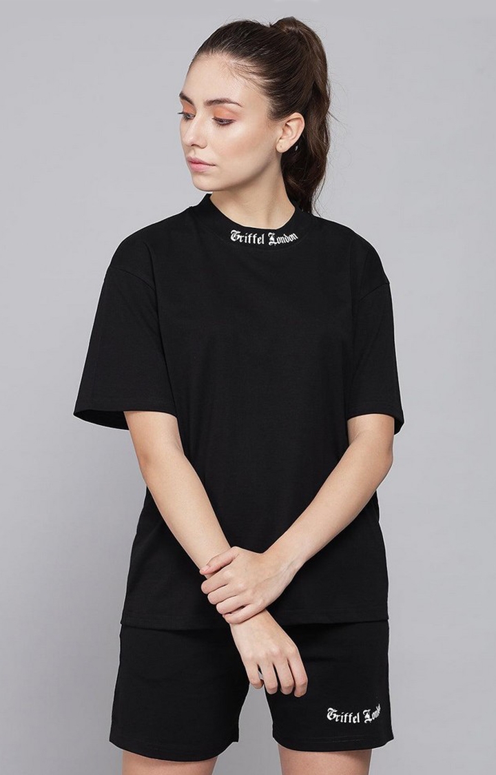 GRIFFEL | Women's Basic Solid Oversized Loose fit Black T-shirt and Short Set