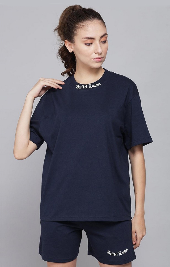 GRIFFEL | Women's Basic Solid Oversized Loose fit Navy T-shirt and Short Set