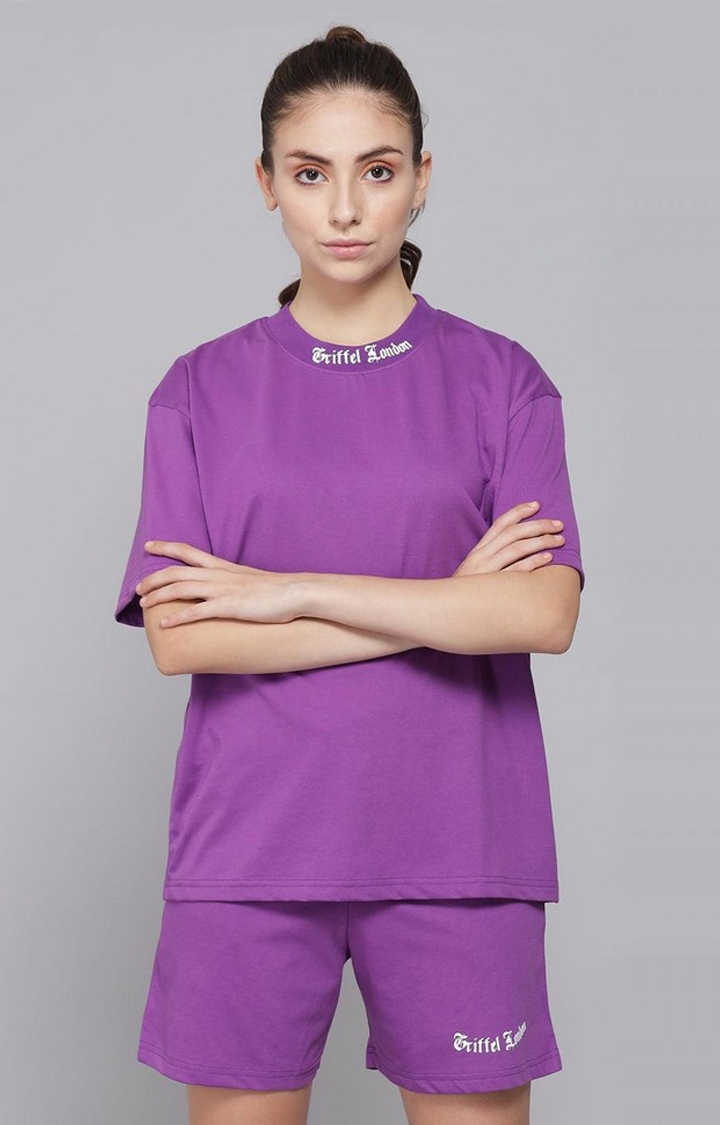 GRIFFEL | Women's Basic Solid Oversized Loose fit Purple T-shirt and Short Set