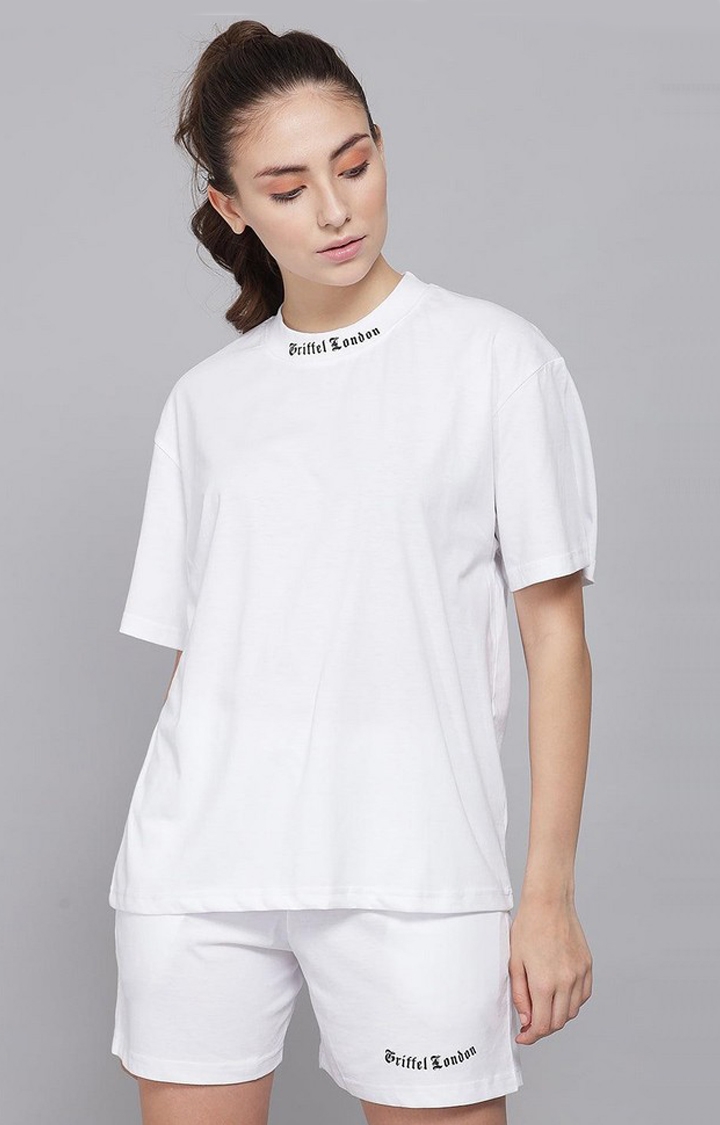 Women's Basic Solid Oversized Loose fit White T-shirt and Short Set