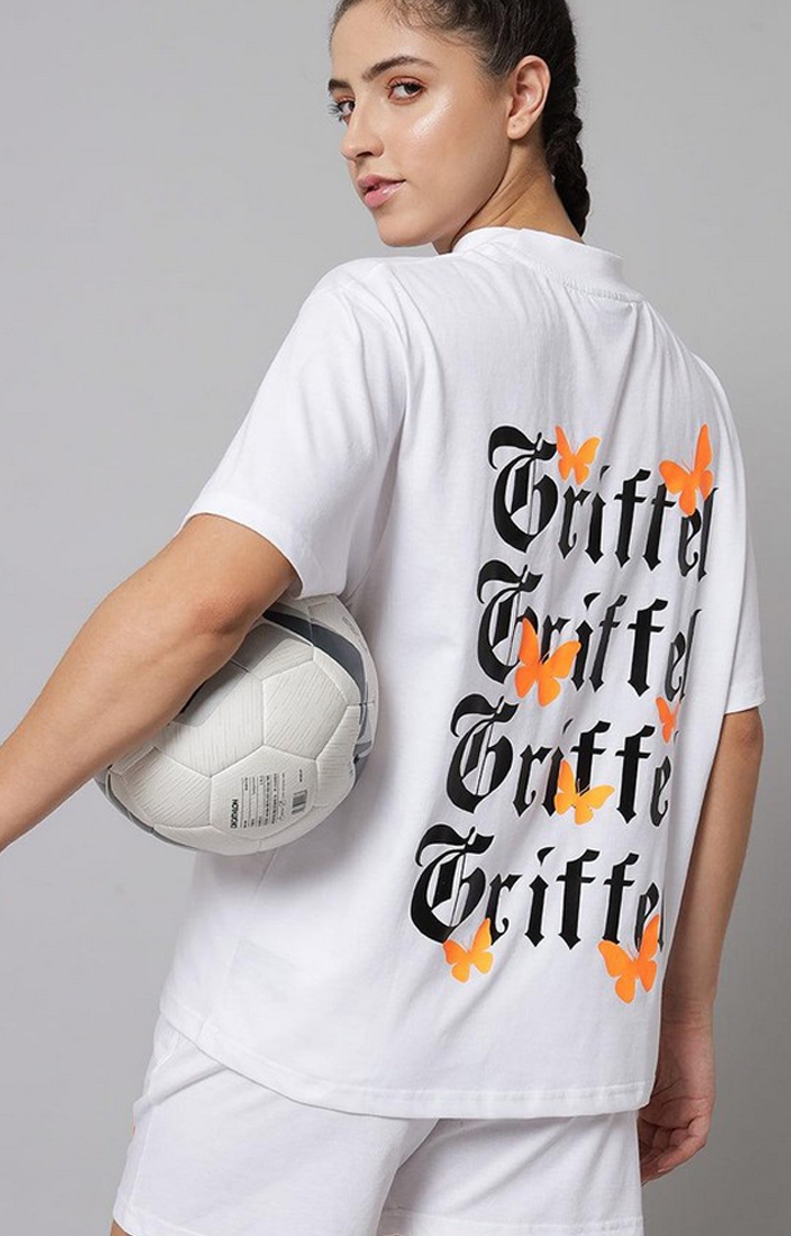 GRIFFEL | Women's White Printed Oversized Loose fit T-shirt and Short Set