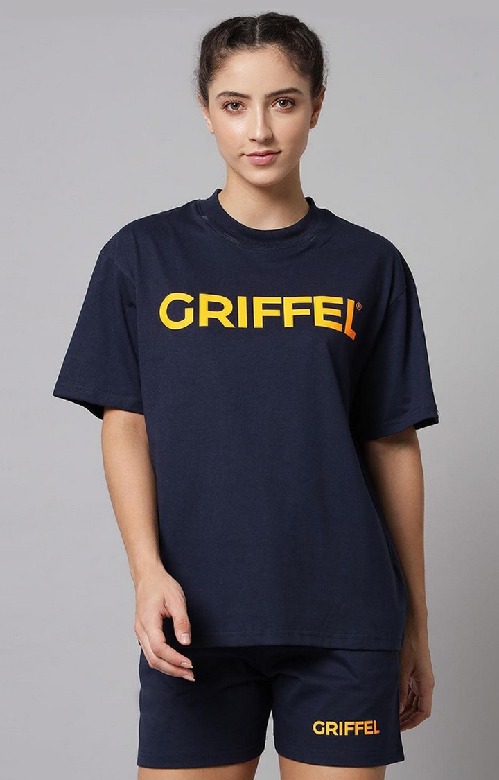 GRIFFEL | Women's Navy Printed Oversized Loose fit T-shirt and Short Set