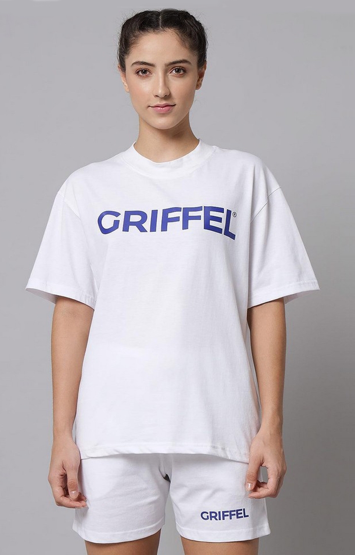 GRIFFEL | Women's Steel White Printed Oversized Loose fit T-shirt and Short Set