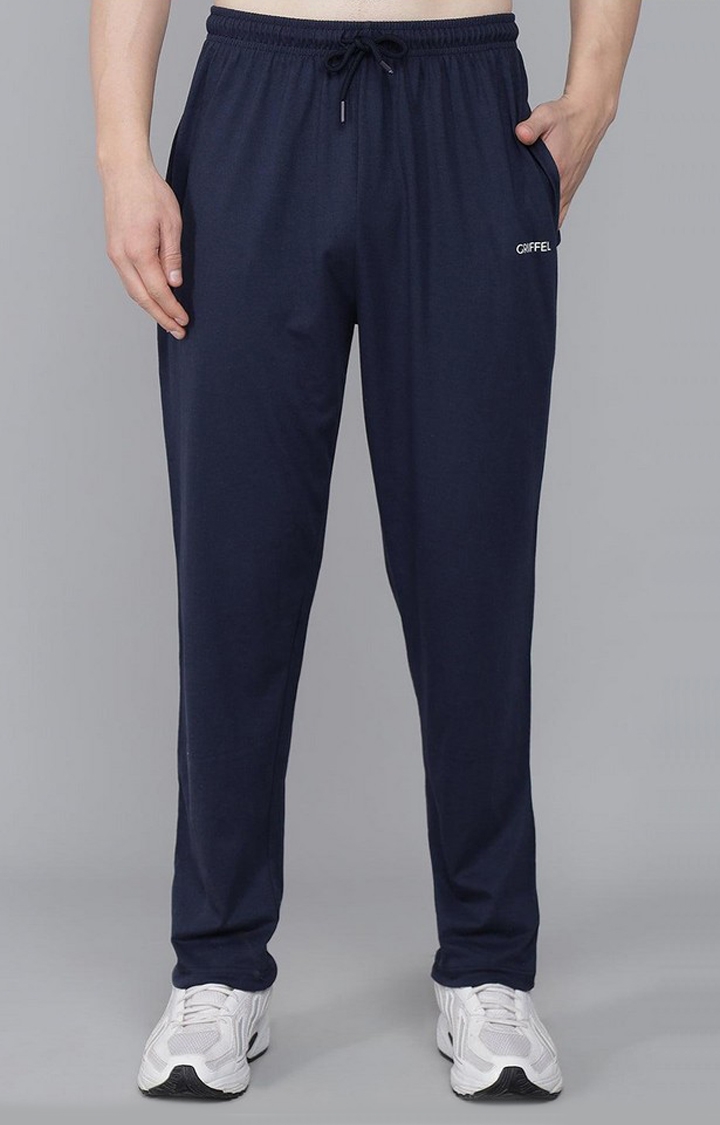 GRIFFEL | Men's Blue Cotton Solid Trackpants