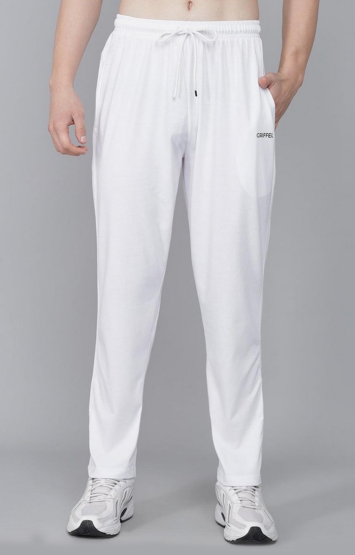 Men's White Cotton Solid Trackpants