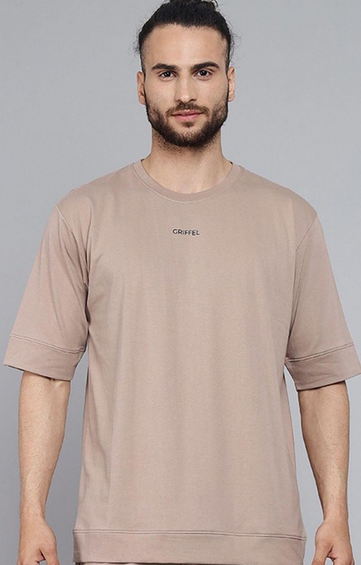 GRIFFEL | Men's Brown Solid Oversized T-Shirts