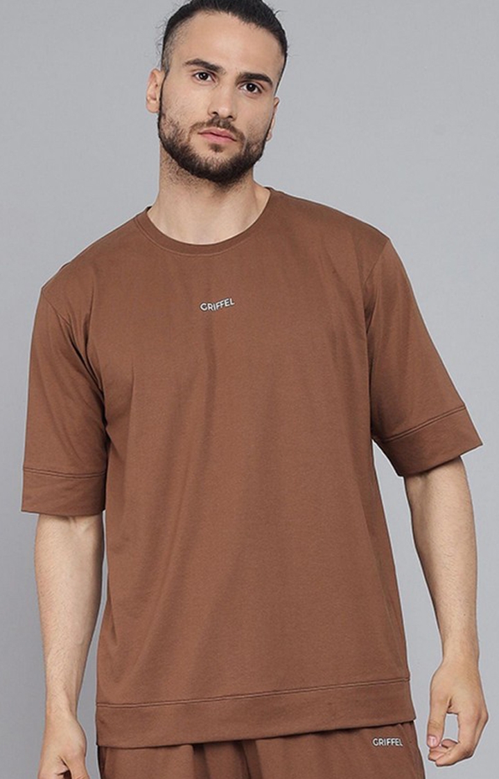 GRIFFEL | Men's Basic Solid Coffee Oversized Loose fit T-shirt