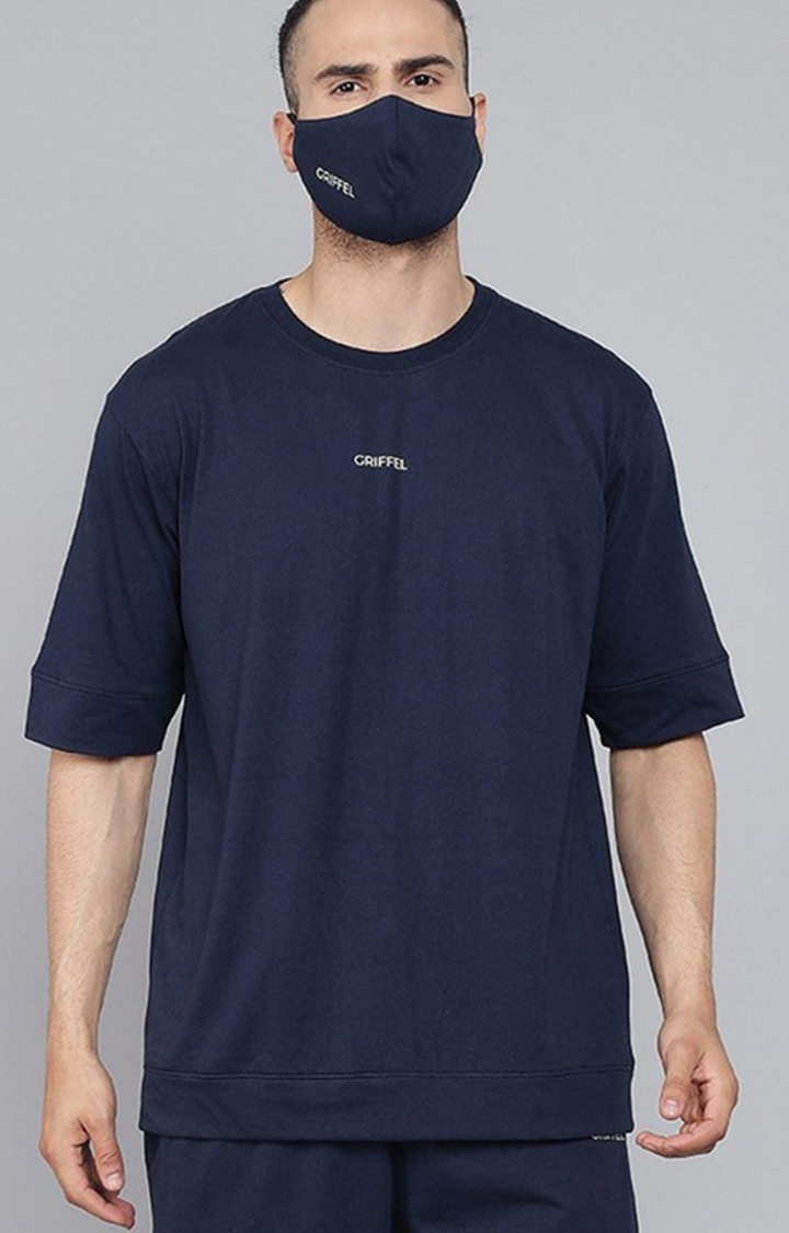 Men's Navy Blue Solid Oversized T-Shirts