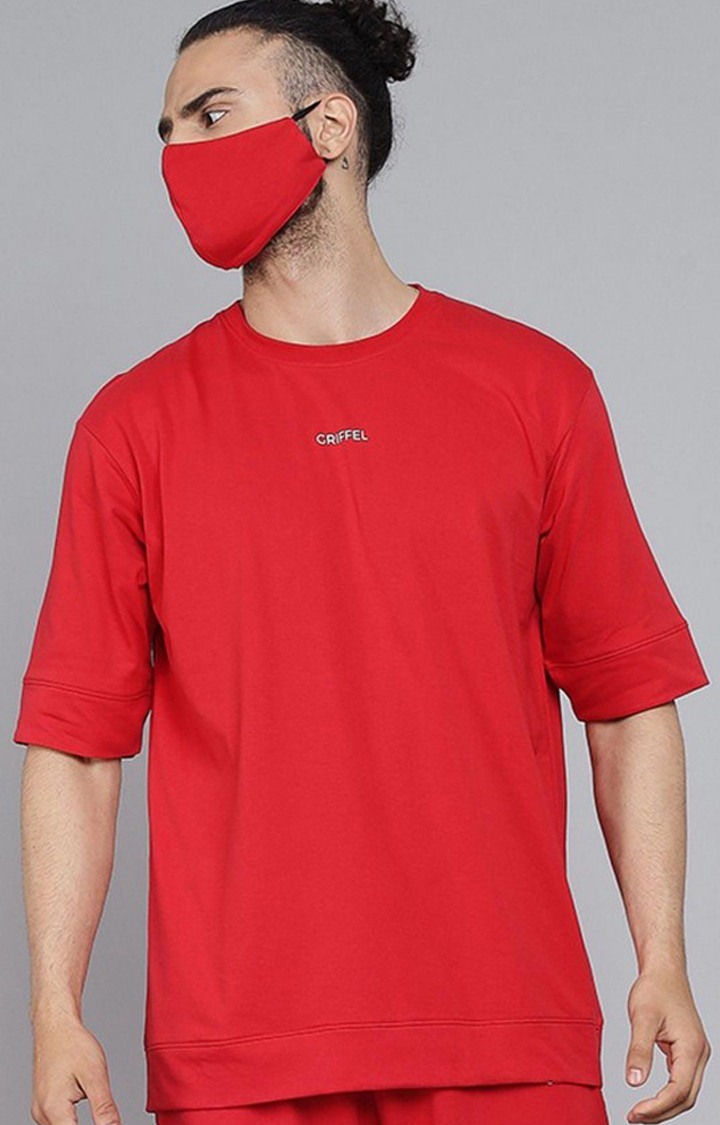 Men's Red Solid Oversized T-Shirts