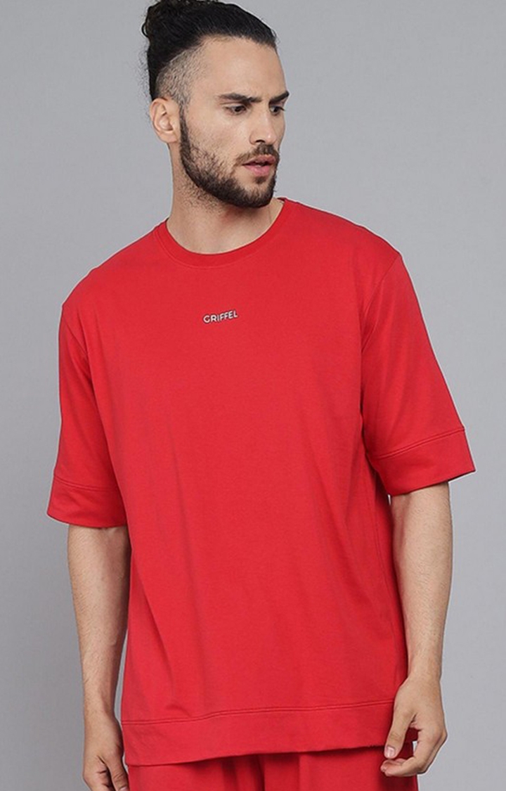 GRIFFEL | Men's Red Solid Oversized T-Shirts