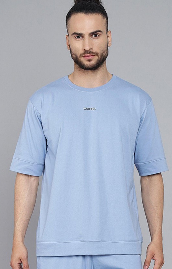 Men's Sky Blue Solid Oversized T-Shirts