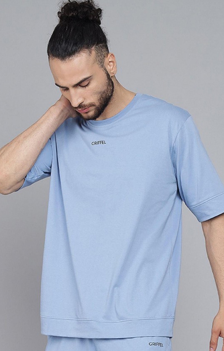 Men's Sky Blue Solid Oversized T-Shirts