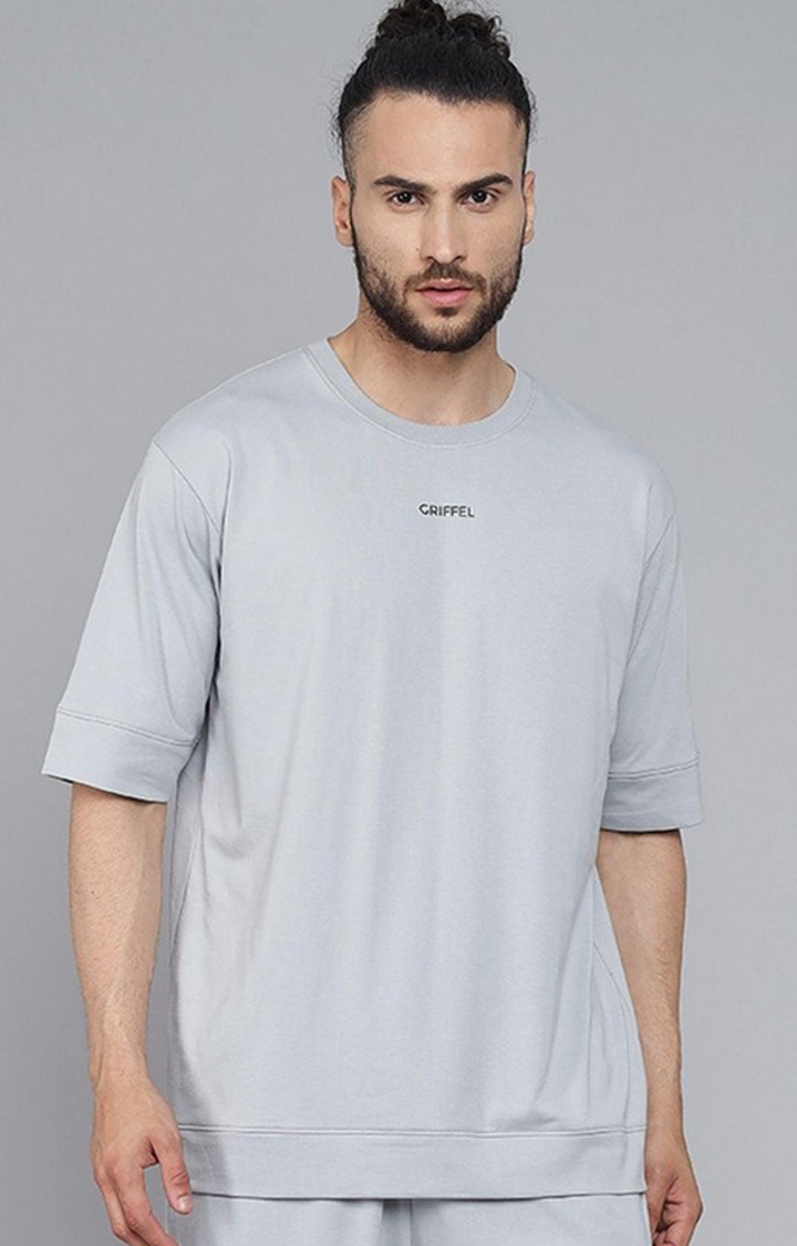 GRIFFEL | Men's Steel Grey Solid Oversized T-Shirts