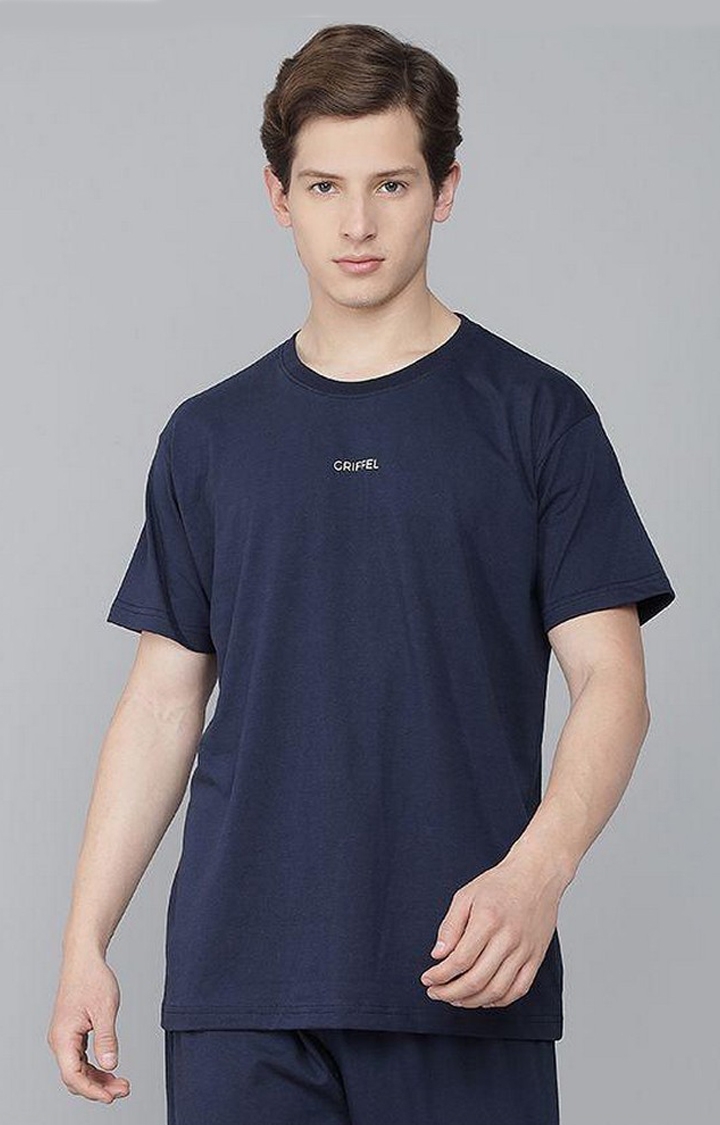 GRIFFEL | Men's Navy Blue Solid Oversized T-Shirts