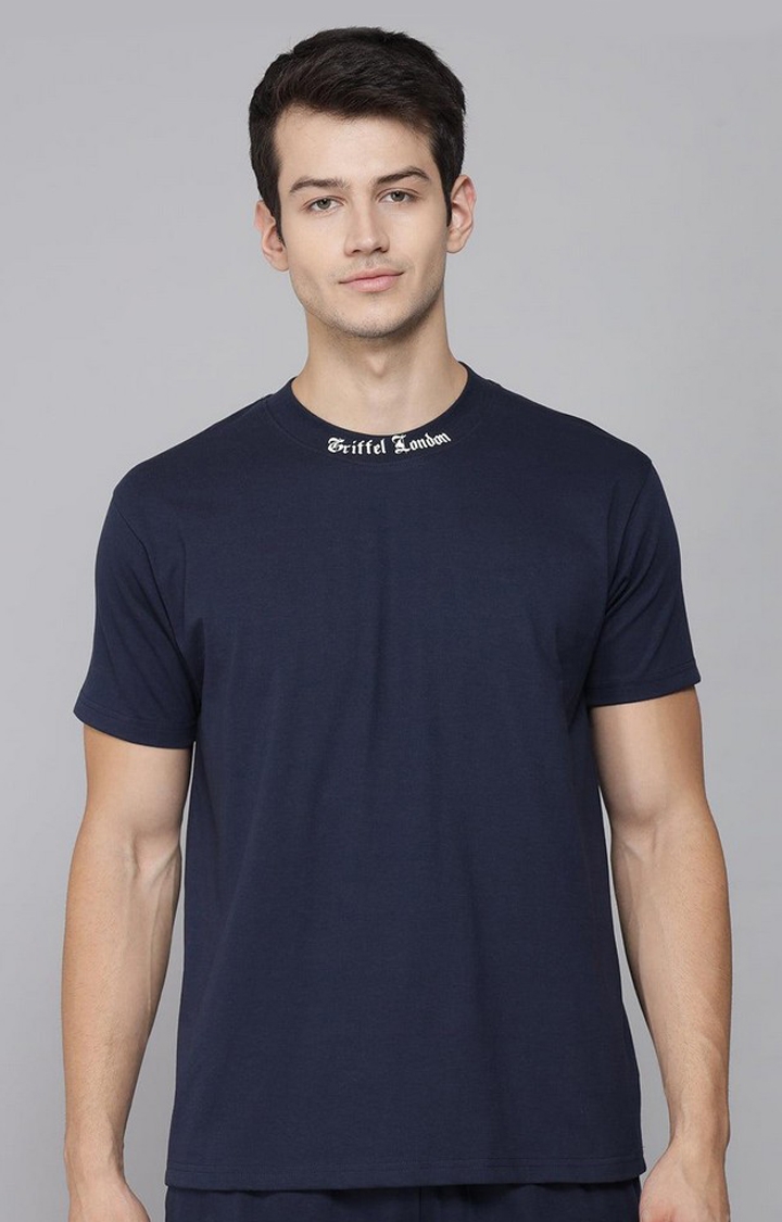 GRIFFEL | Men's Navy Blue Solid Regular T-Shirts