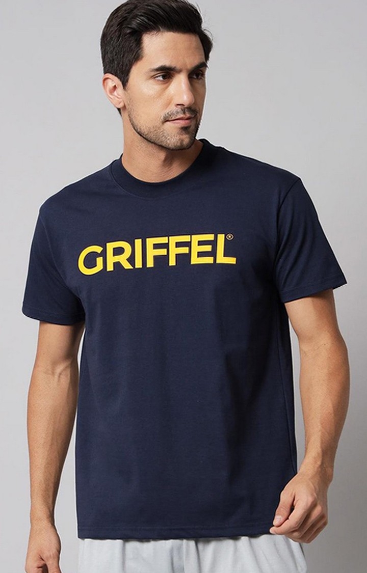GRIFFEL | Men's Navy Blue Typographic Oversized T-Shirts
