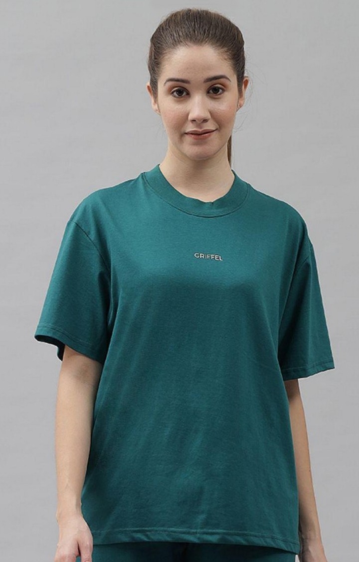 GRIFFEL | Women's Bottle Green Solid Oversized T-Shirts