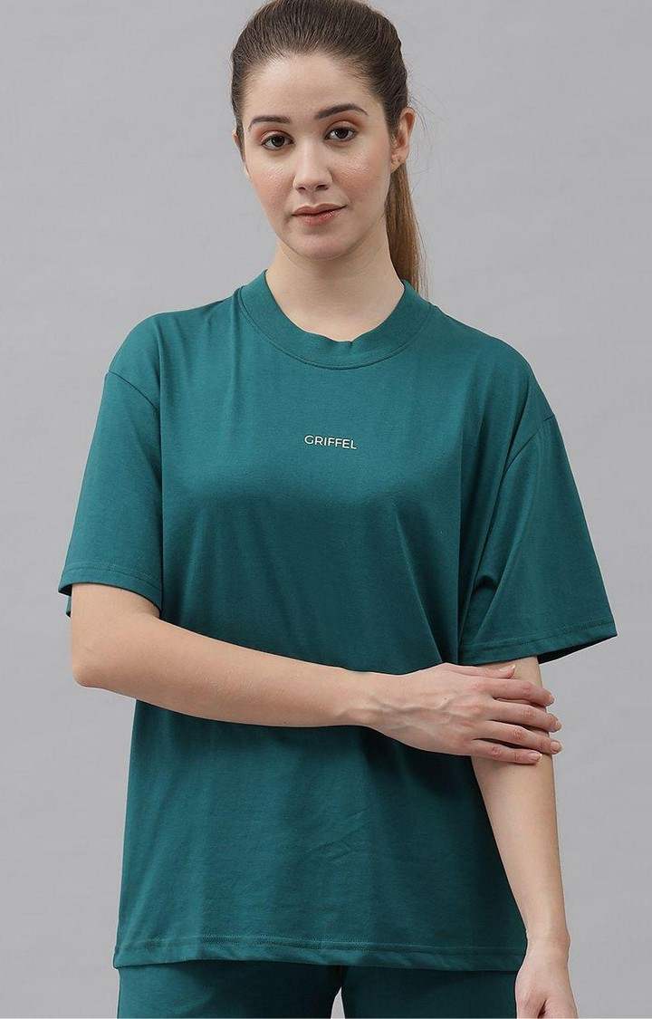 Women's Bottle Green Solid Oversized T-Shirts