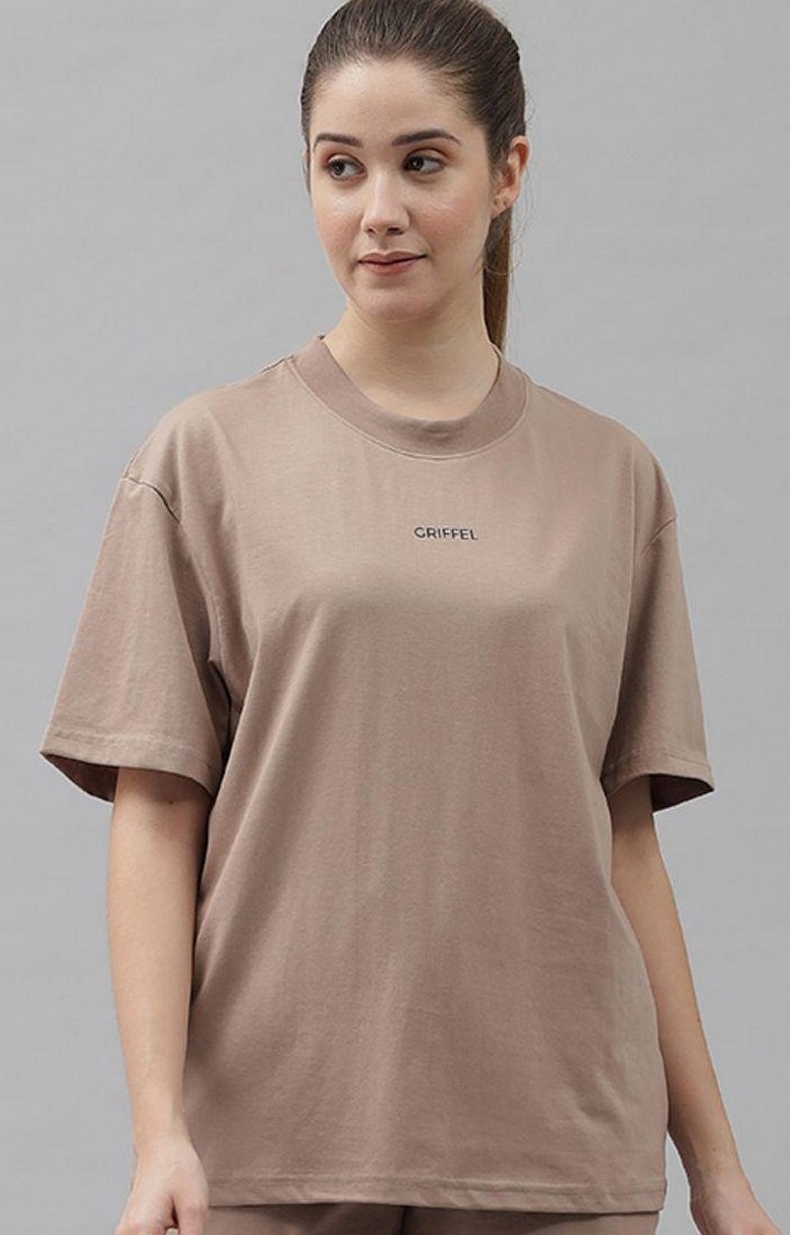 GRIFFEL | Women's Basic Solid Oversized Loose fit Brown T-shirt