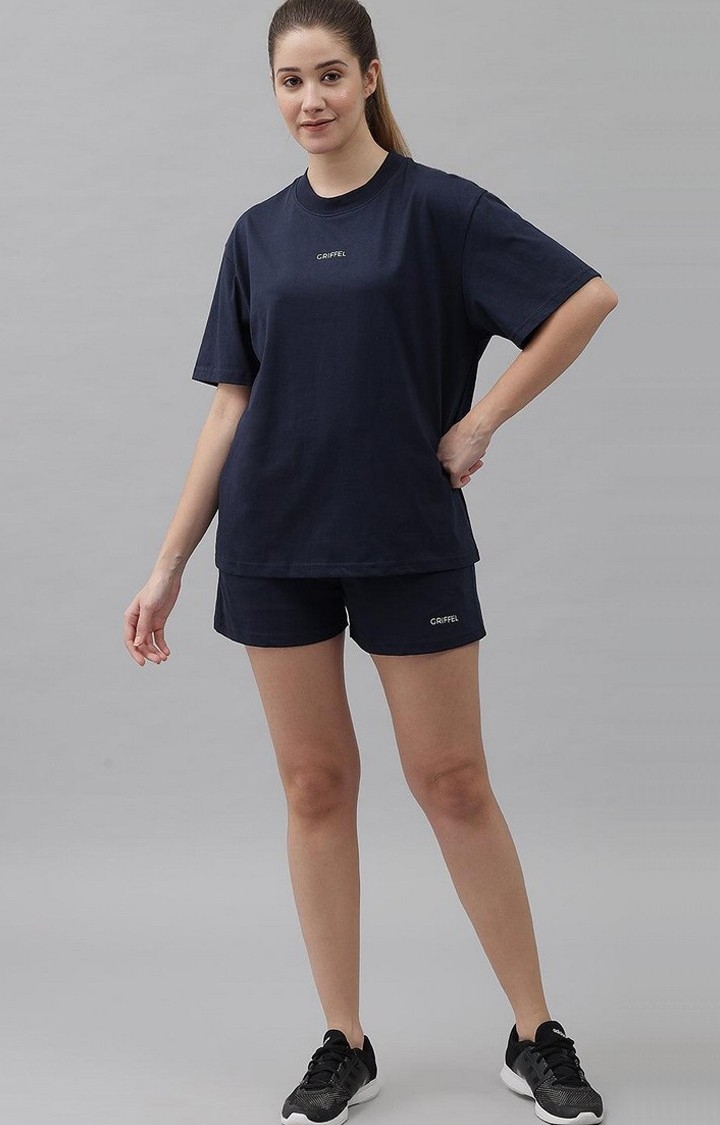 Women's Navy Blue Solid Oversized T-Shirts