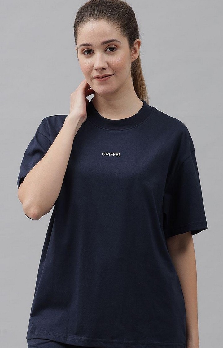 GRIFFEL | Women's Navy Blue Solid Oversized T-Shirts
