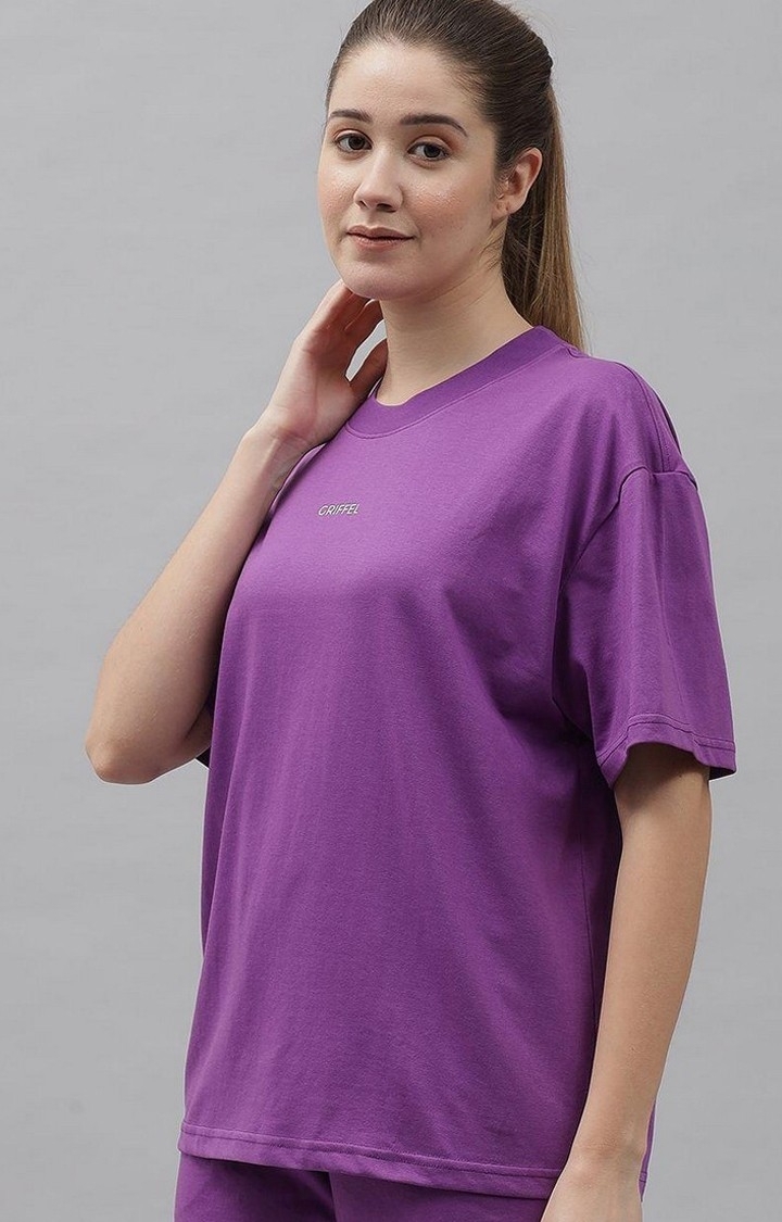 Cathalem Cotton Tshirts for Women Oversize Loose Round Neck Elastic  Tee,Purple XL