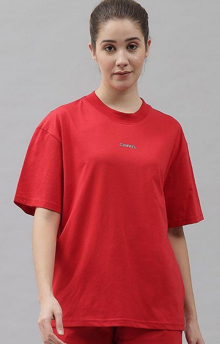 GRIFFEL | Women's Basic Solid Oversized Loose fit Red T-shirt