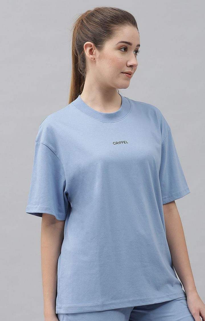 Women's Sky Blue Solid Oversized T-Shirts