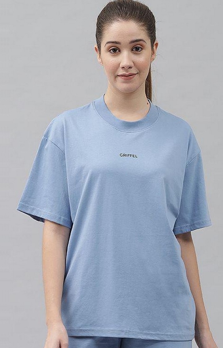 GRIFFEL | Women's Basic Solid Oversized Loose fit Sky Blue T-shirt