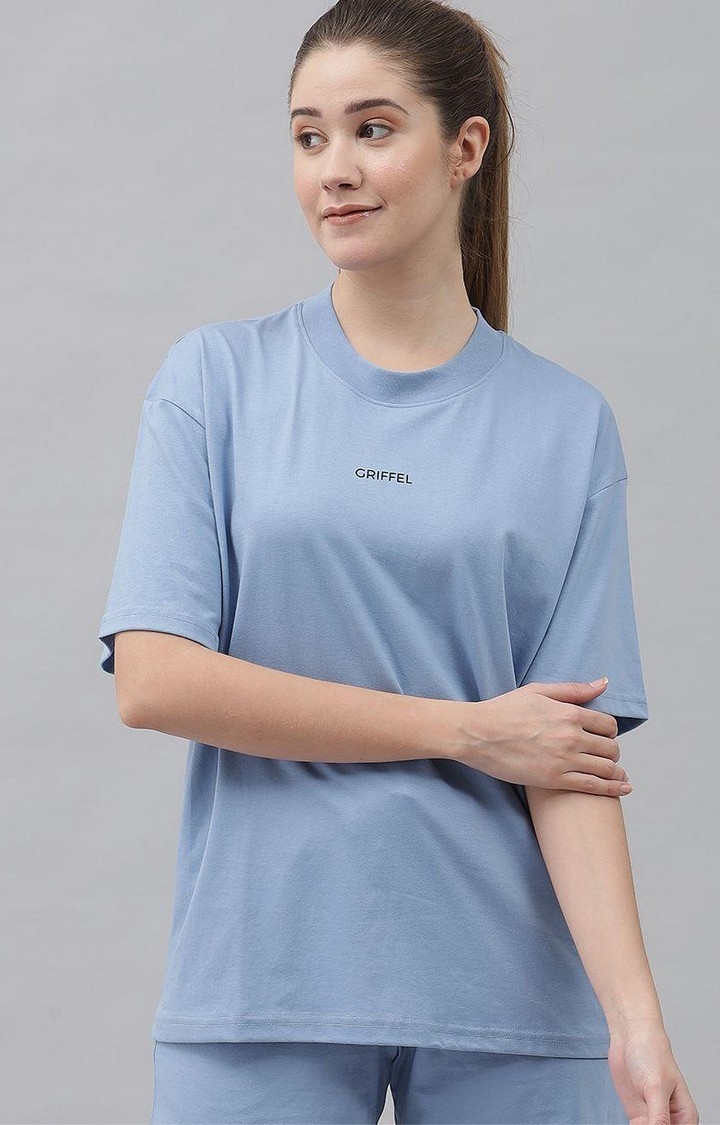 Women's Sky Blue Solid Oversized T-Shirts