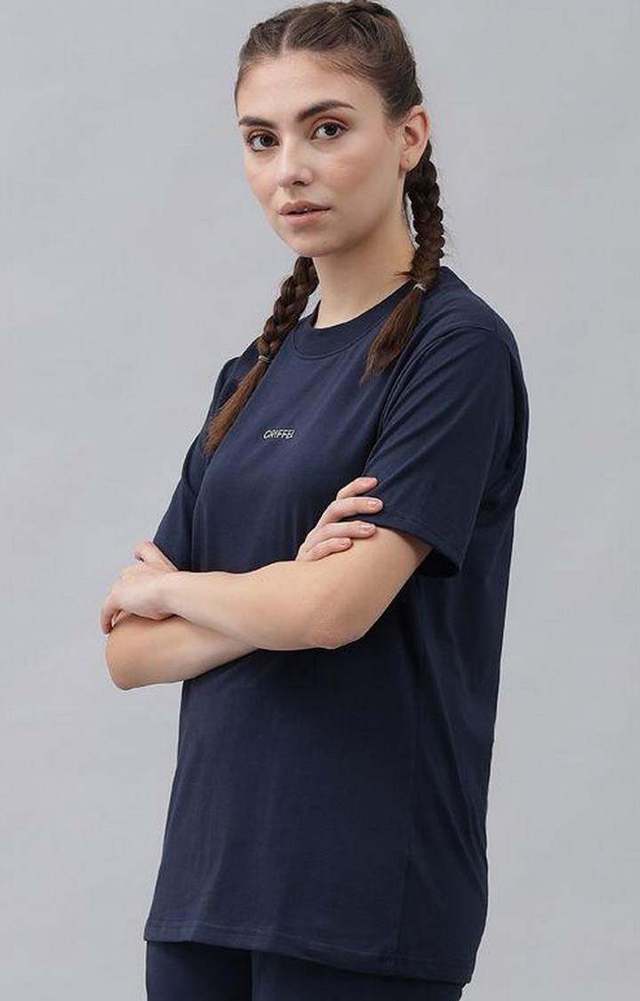 Women's Navy Blue Solid Oversized T-Shirts