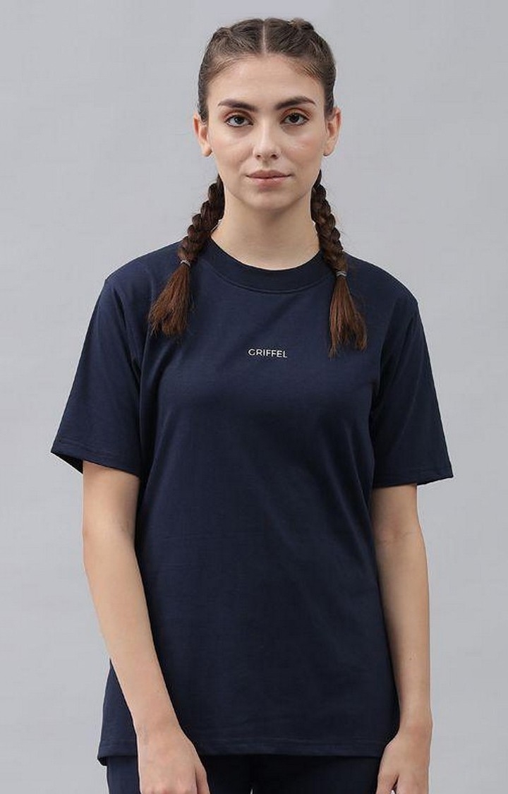 GRIFFEL | Women's Navy Blue Solid Oversized T-Shirts