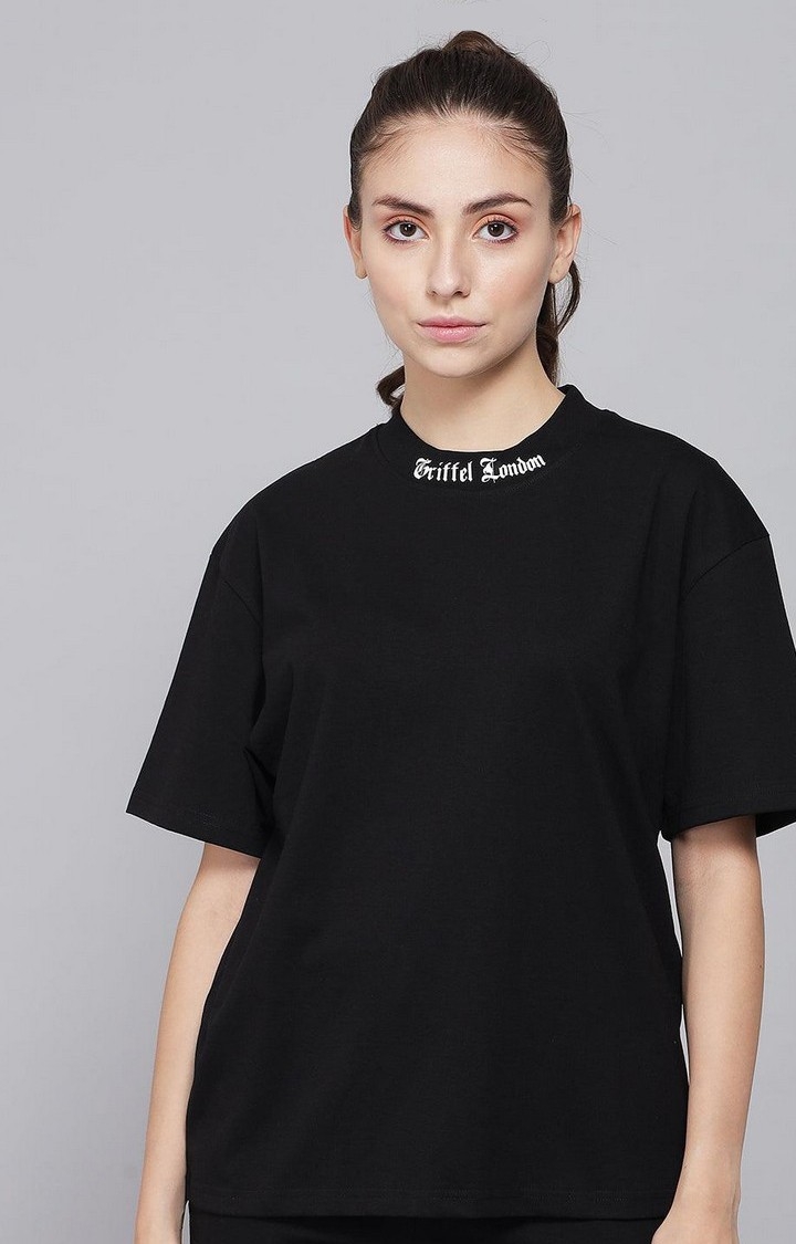 Women's Placement Print Regular fit Black T-shirt